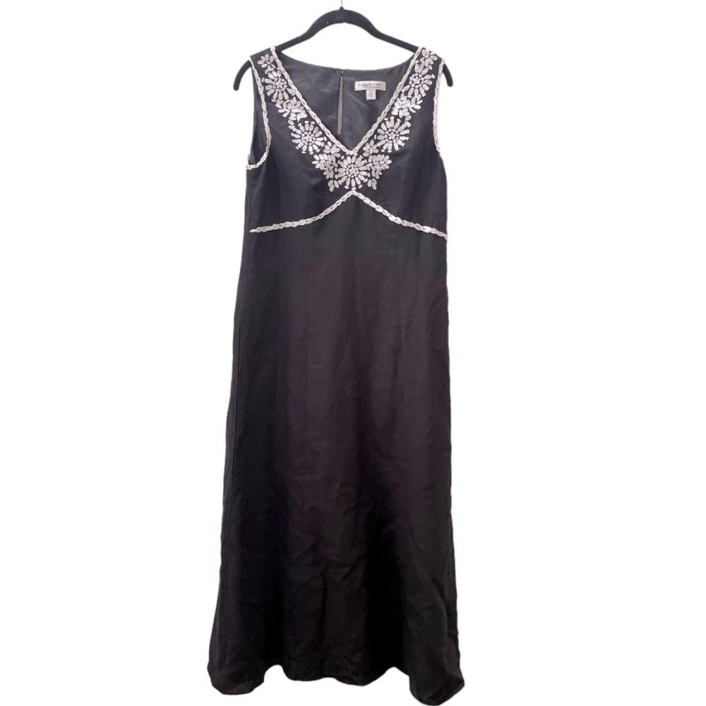 Coldwater Creek Black Linen V-Neck Maxi Dress With White‎ Ribbon Embroidery 12